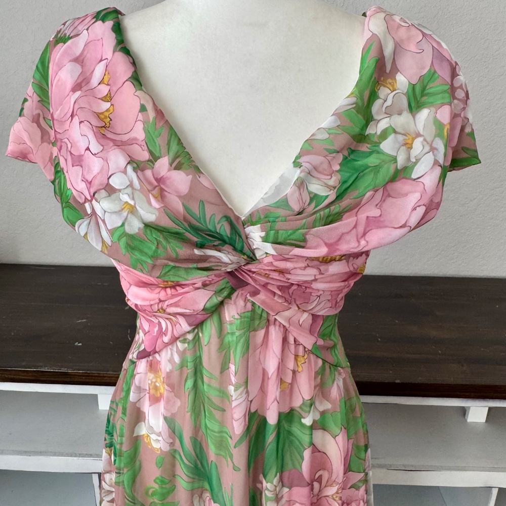 New Tadashi Shoji Ausra Floral Cap Sleeve Chiffon Dress Women's Size‎ 2 T - Picture 4 of 10